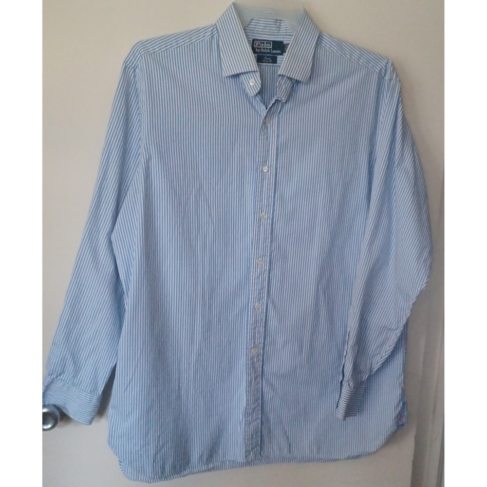 Polo Ralph Lauren Mens Regent Classic Fit Blue White Striped Dress Shirt 17.5 35